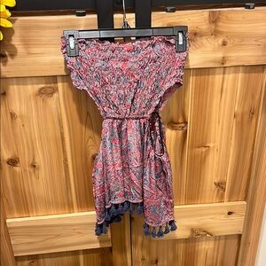 RAGA Strapless Dress in Pink and Blue with Cut Out Waist